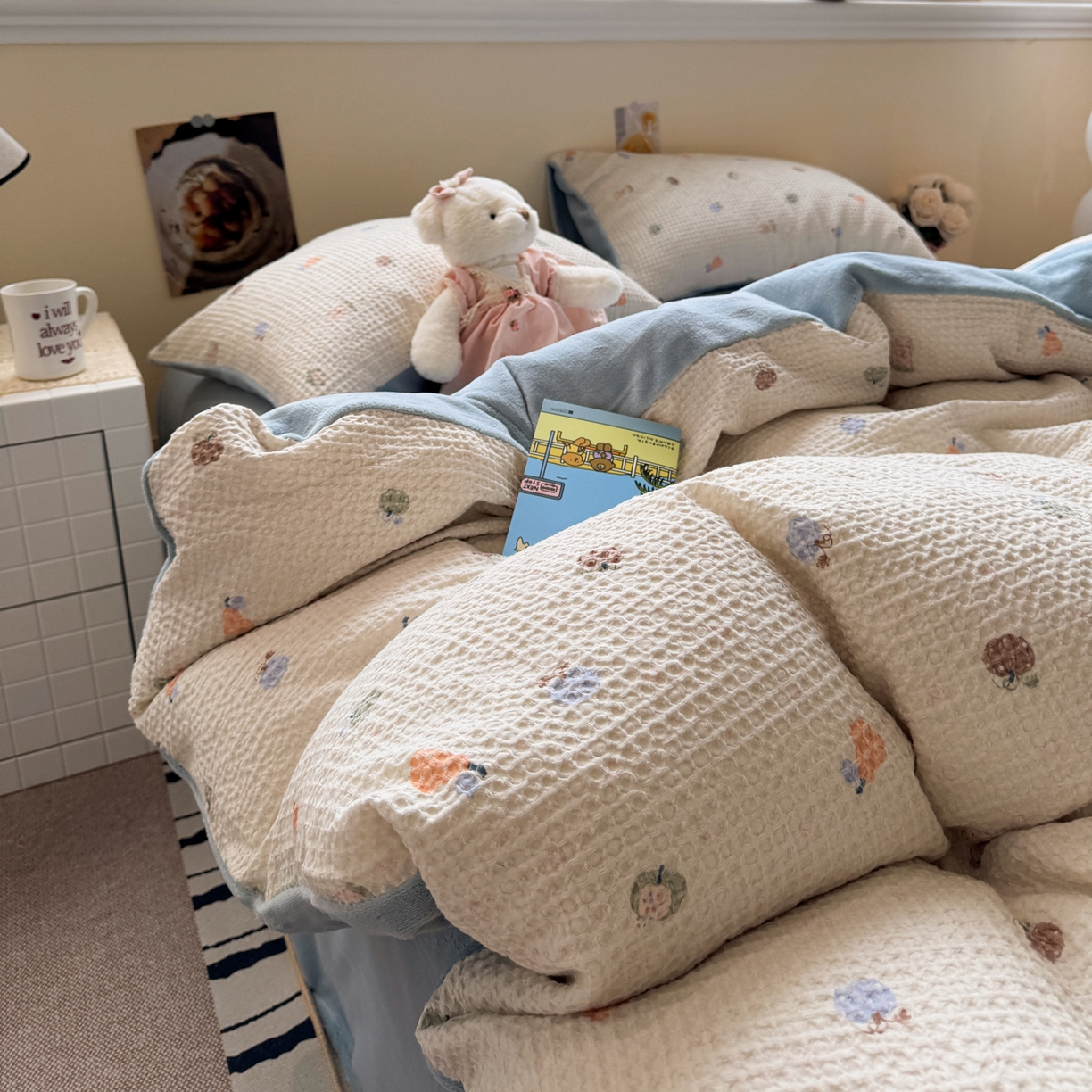 91家纺网 家纺一手货源 找家纺 雅居纺家纺 2025新款全棉华夫格+牛奶绒印花四件套 华夫格-牛奶绒 蓝色果园