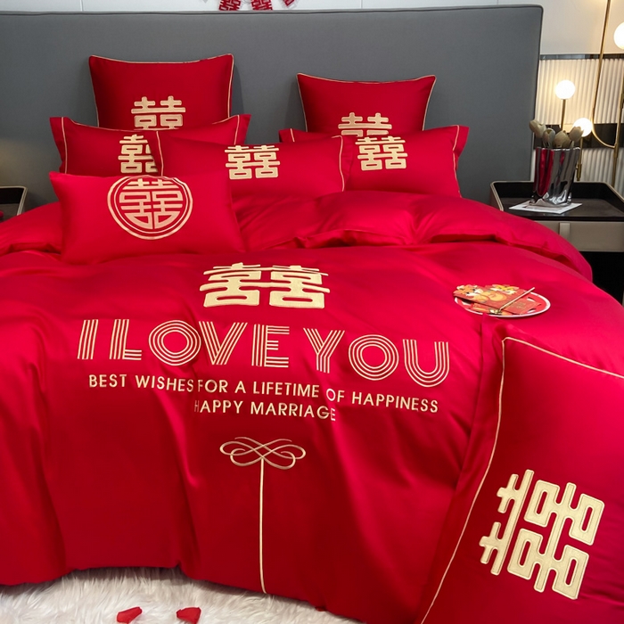 91家纺网 家纺一手货源 找家纺 花愿（原花纪） 2026新款水洗棉刺绣婚庆四件套系列 幸福