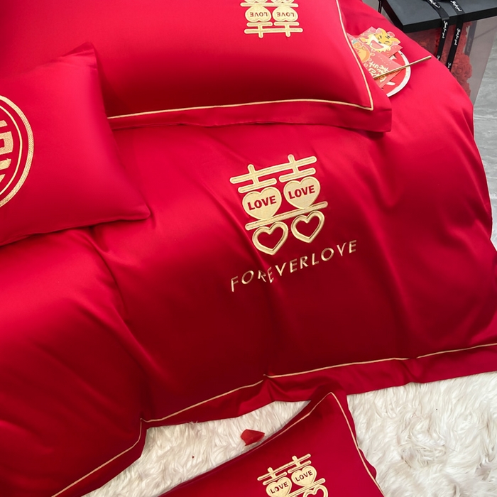 91家纺网 家纺一手货源 找家纺 花愿（原花纪） 2026新款水洗棉刺绣婚庆四件套系列 喜爱