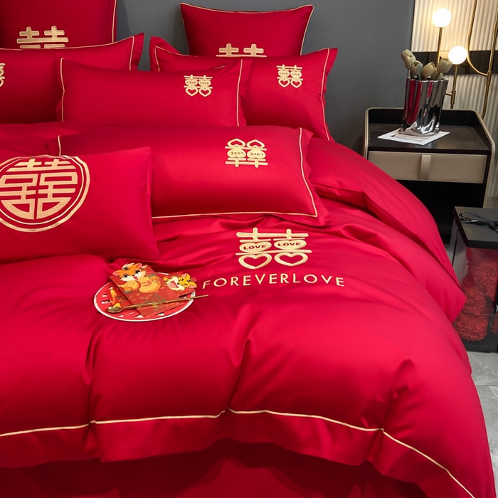 91家纺网 家纺一手货源 找家纺 花愿（原花纪） 2026新款水洗棉刺绣婚庆四件套系列 喜爱