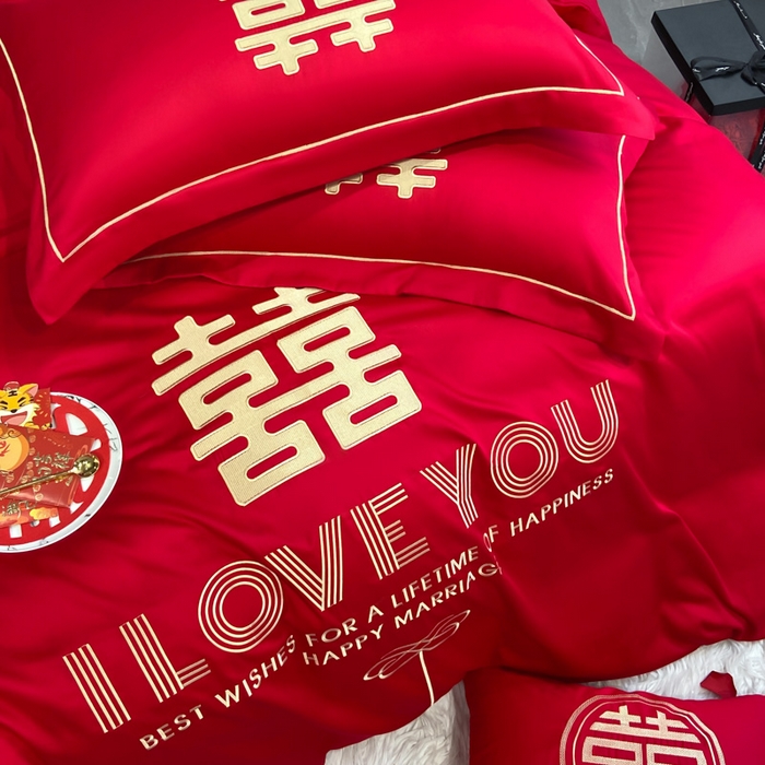 91家纺网 家纺一手货源 找家纺 花愿（原花纪） 2026新款水洗棉刺绣婚庆四件套系列 幸福