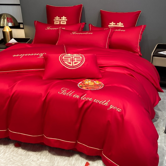 91家纺网 家纺一手货源 找家纺 花愿（原花纪） 2026新款水洗棉刺绣婚庆四件套系列 钟爱一生