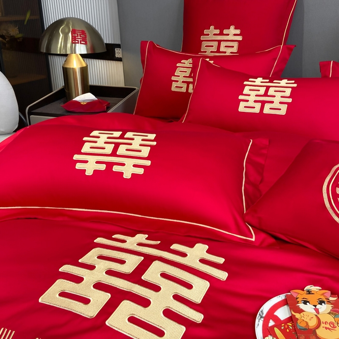 91家纺网 家纺一手货源 找家纺 花愿（原花纪） 2026新款水洗棉刺绣婚庆四件套系列 幸福