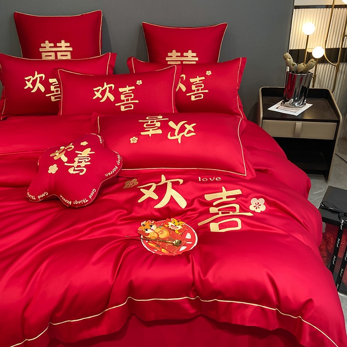 91家纺网 家纺一手货源 找家纺 花愿（原花纪） 2026新款水洗棉刺绣婚庆四件套系列 欢喜