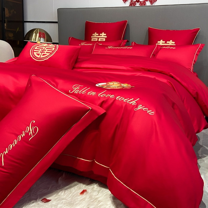 91家纺网 家纺一手货源 找家纺 花愿（原花纪） 2026新款水洗棉刺绣婚庆四件套系列 钟爱一生