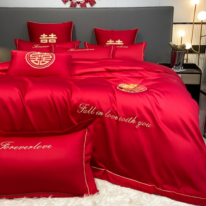 91家纺网 家纺一手货源 找家纺 花愿（原花纪） 2026新款水洗棉刺绣婚庆四件套系列 钟爱一生