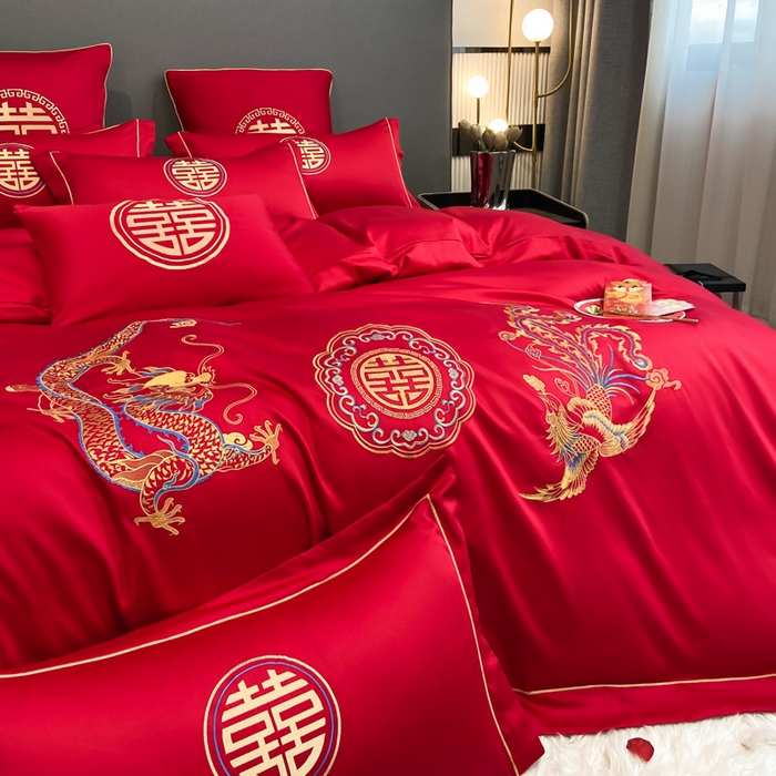 91家纺网 家纺一手货源 找家纺 花愿（原花纪） 2026新款水洗棉刺绣婚庆四件套系列 龙凤欢喜