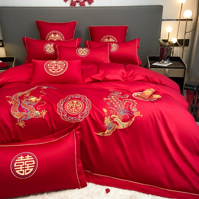 91家纺网 家纺一手货源 找家纺 花愿（原花纪） 2026新款水洗棉刺绣婚庆四件套系列 龙凤欢喜