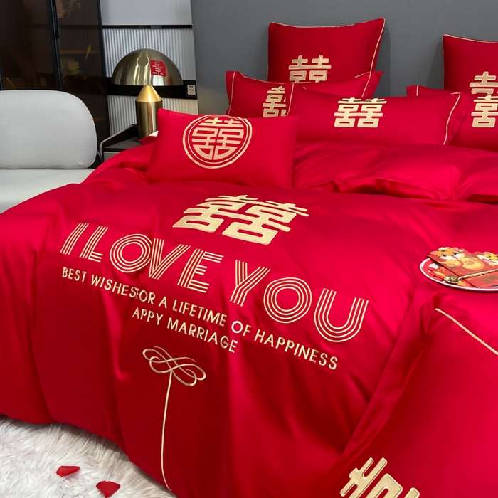 91家纺网 家纺一手货源 找家纺 花愿（原花纪） 2026新款水洗棉刺绣婚庆四件套系列 幸福