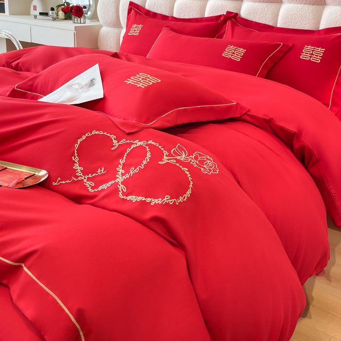 91家纺网 家纺一手货源 找家纺 花愿（原花纪） 2026新款水洗棉刺绣婚庆四件套系列 心心相印