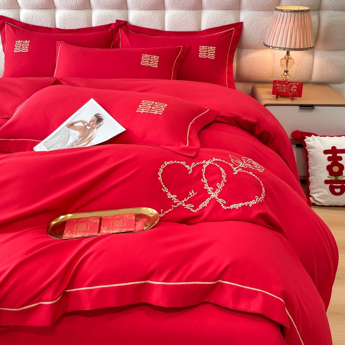 91家纺网 家纺一手货源 找家纺 花愿（原花纪） 2026新款水洗棉刺绣婚庆四件套系列 心心相印