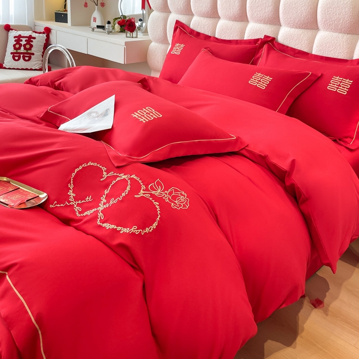 91家纺网 家纺一手货源 找家纺 花愿（原花纪） 2026新款水洗棉刺绣婚庆四件套系列 心心相印