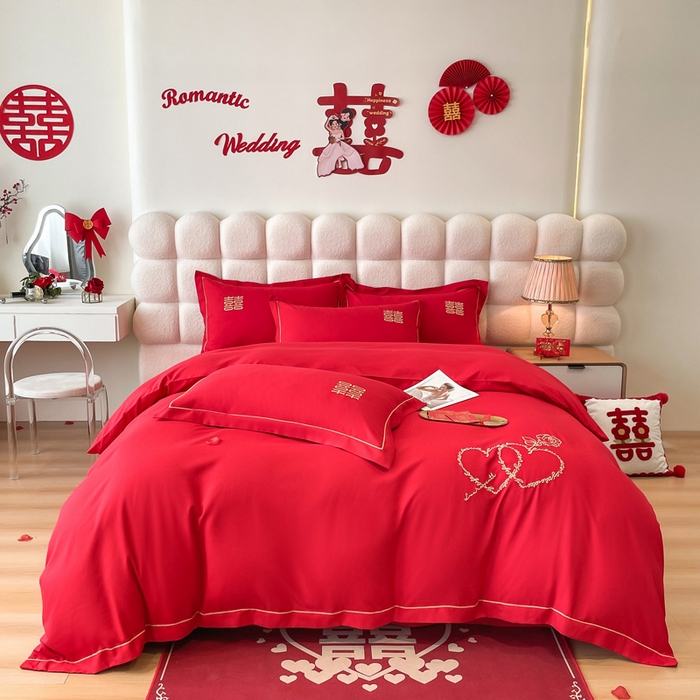 花愿（原花纪） 2026新款水洗棉刺绣婚庆四件套系列 心心相印