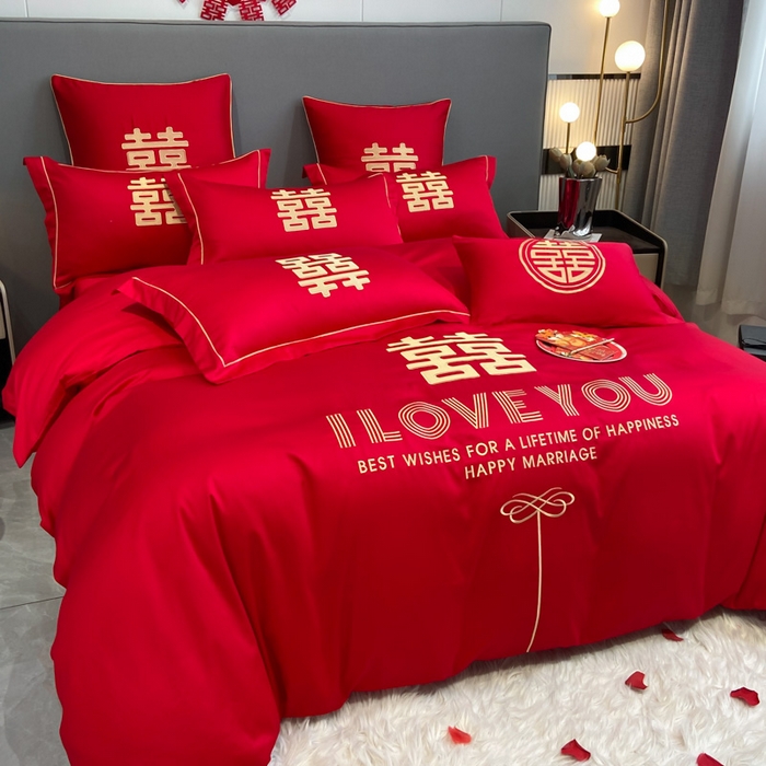 91家纺网 家纺一手货源 找家纺 花愿（原花纪） 2026新款水洗棉刺绣婚庆四件套系列 幸福