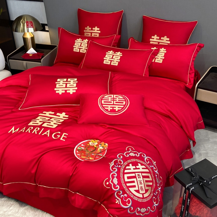 91家纺网 家纺一手货源 找家纺 花愿（原花纪） 2026新款水洗棉刺绣婚庆四件套系列 美满