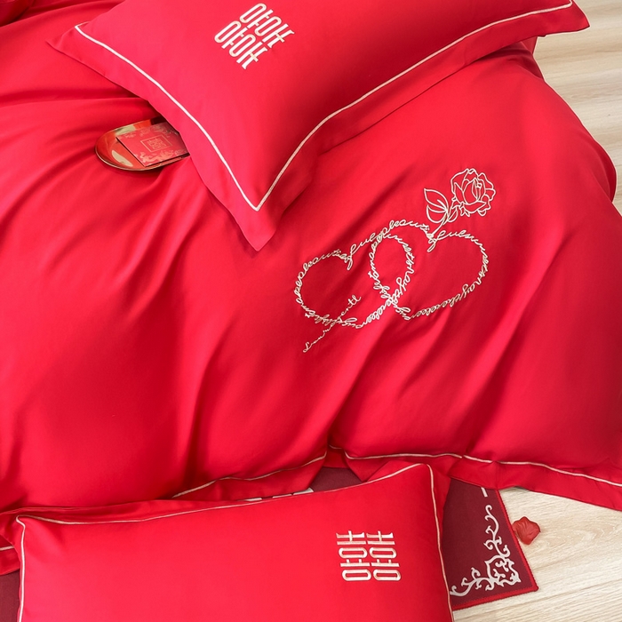 91家纺网 家纺一手货源 找家纺 花愿（原花纪） 2026新款水洗棉刺绣婚庆四件套系列 心心相印