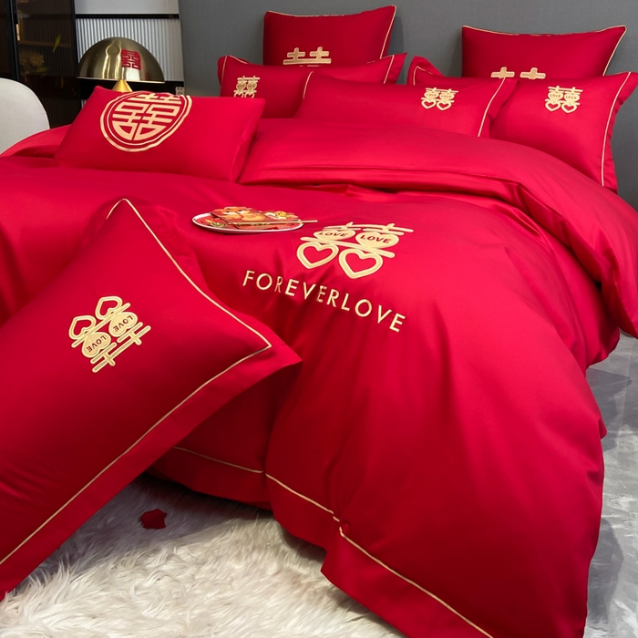 91家纺网 家纺一手货源 找家纺 花愿（原花纪） 2026新款水洗棉刺绣婚庆四件套系列 喜爱