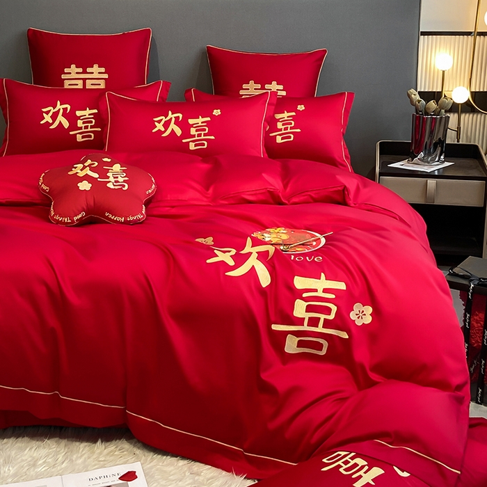 91家纺网 家纺一手货源 找家纺 花愿（原花纪） 2026新款水洗棉刺绣婚庆四件套系列 欢喜