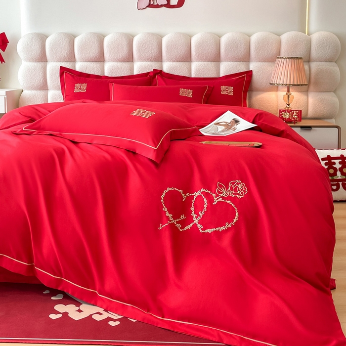 91家纺网 家纺一手货源 找家纺 花愿（原花纪） 2026新款水洗棉刺绣婚庆四件套系列 心心相印