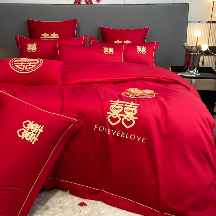 91家纺网 家纺一手货源 找家纺 花愿（原花纪） 2026新款水洗棉刺绣婚庆四件套系列 喜爱