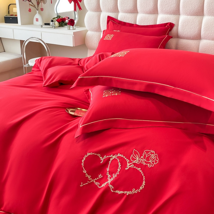 91家纺网 家纺一手货源 找家纺 花愿（原花纪） 2026新款水洗棉刺绣婚庆四件套系列 心心相印