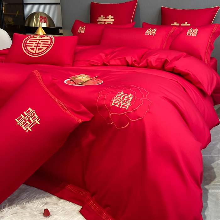 91家纺网 家纺一手货源 找家纺 花愿（原花纪） 2026新款水洗棉刺绣婚庆四件套系列 玫瑰之恋