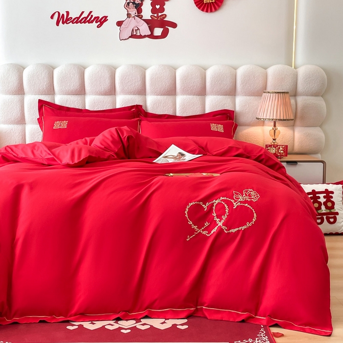 91家纺网 家纺一手货源 找家纺 花愿（原花纪） 2026新款水洗棉刺绣婚庆四件套系列 心心相印