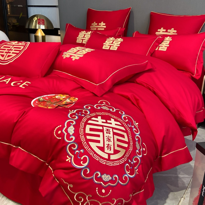 91家纺网 家纺一手货源 找家纺 花愿（原花纪） 2026新款水洗棉刺绣婚庆四件套系列 美满