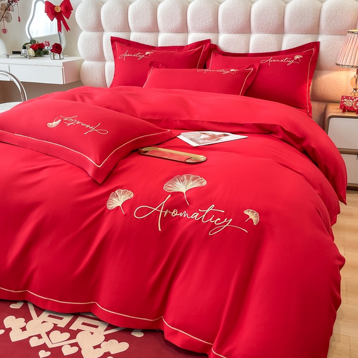 91家纺网 家纺一手货源 找家纺 花愿（原花纪） 2026新款水洗棉刺绣婚庆四件套系列 丹枫迎喜