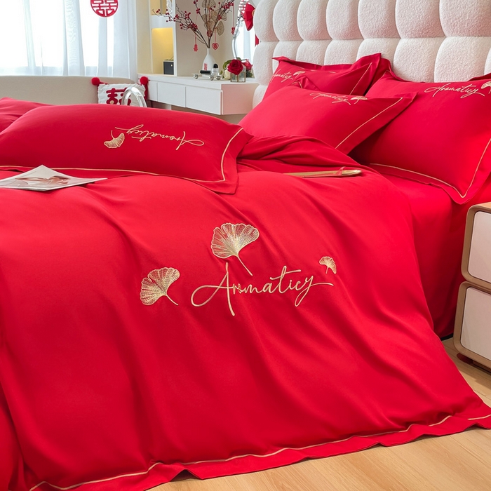 91家纺网 家纺一手货源 找家纺 花愿（原花纪） 2026新款水洗棉刺绣婚庆四件套系列 丹枫迎喜