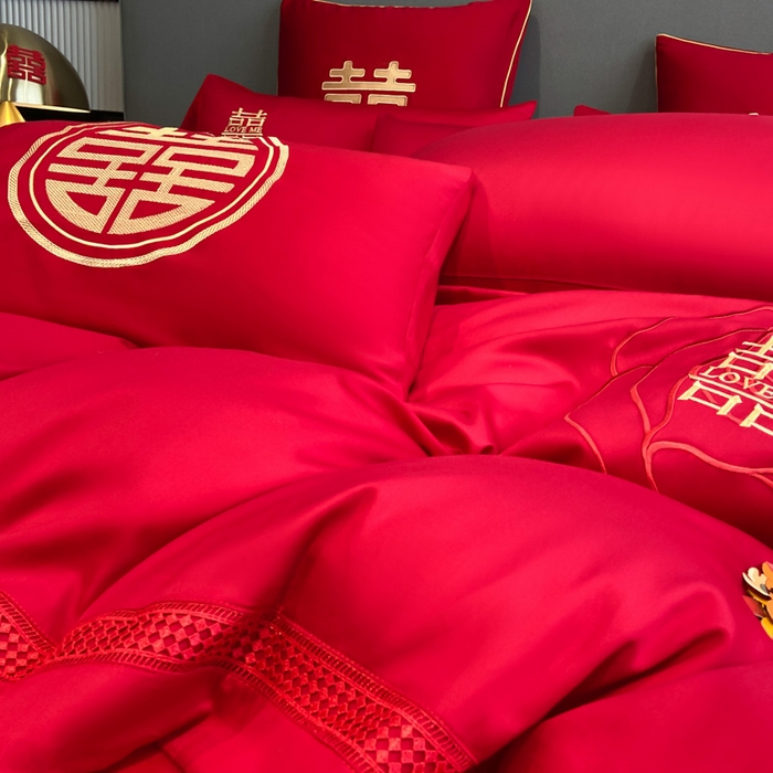 91家纺网 家纺一手货源 找家纺 花愿（原花纪） 2026新款水洗棉刺绣婚庆四件套系列 玫瑰之恋