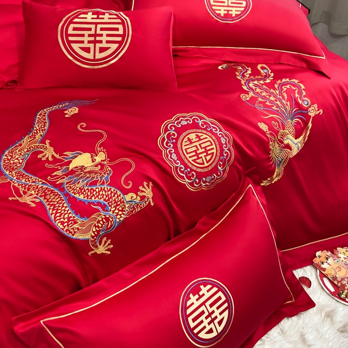 91家纺网 家纺一手货源 找家纺 花愿（原花纪） 2026新款水洗棉刺绣婚庆四件套系列 龙凤欢喜