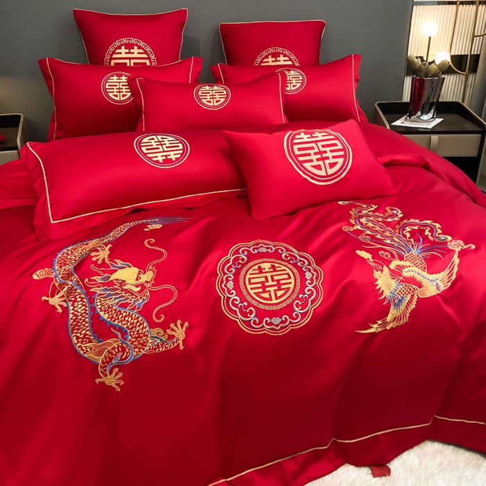 91家纺网 家纺一手货源 找家纺 花愿（原花纪） 2026新款水洗棉刺绣婚庆四件套系列 龙凤欢喜