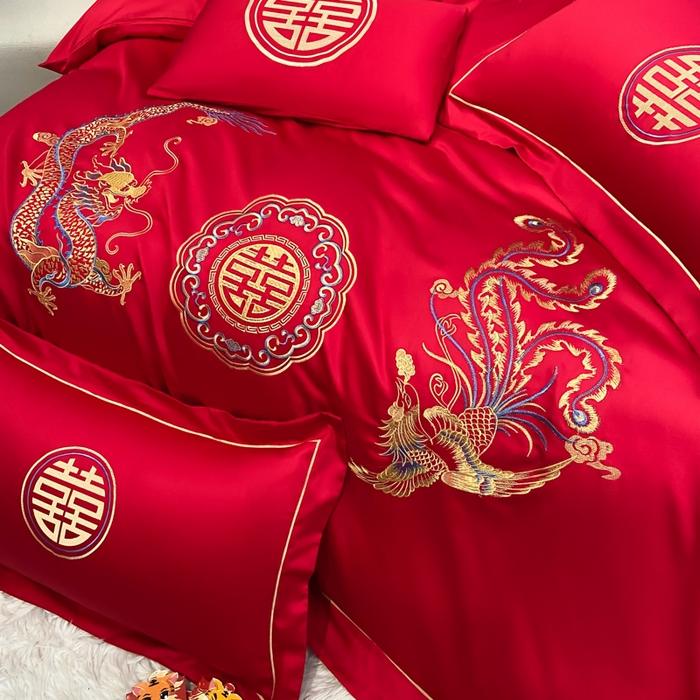 91家纺网 家纺一手货源 找家纺 花愿（原花纪） 2026新款水洗棉刺绣婚庆四件套系列 龙凤欢喜