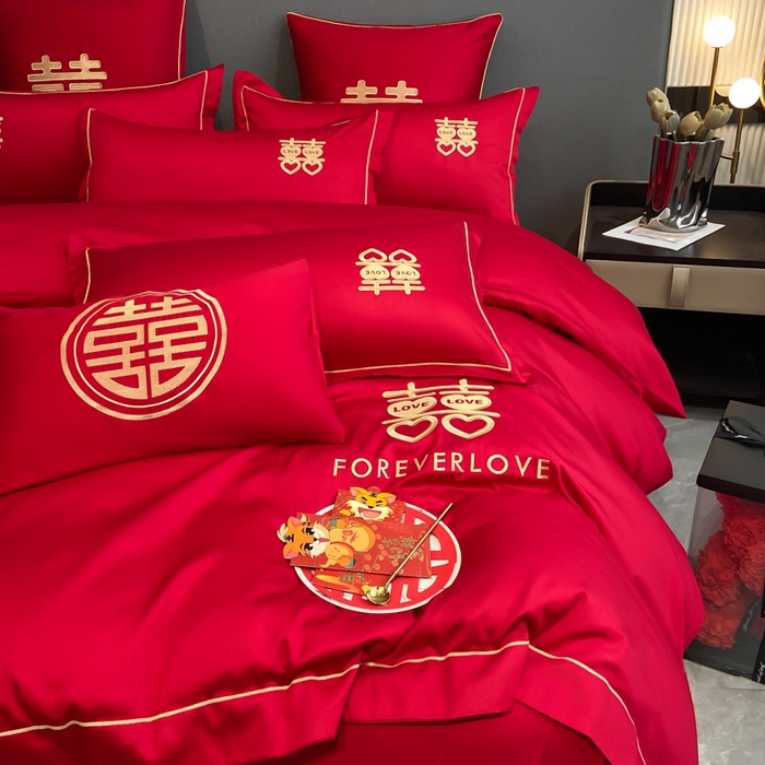 91家纺网 家纺一手货源 找家纺 花愿（原花纪） 2026新款水洗棉刺绣婚庆四件套系列 喜爱