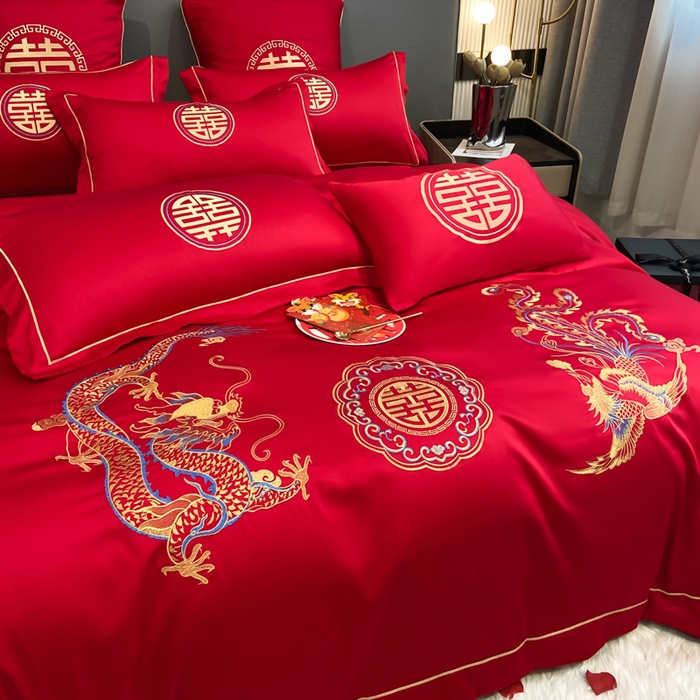 91家纺网 家纺一手货源 找家纺 花愿（原花纪） 2026新款水洗棉刺绣婚庆四件套系列 龙凤欢喜