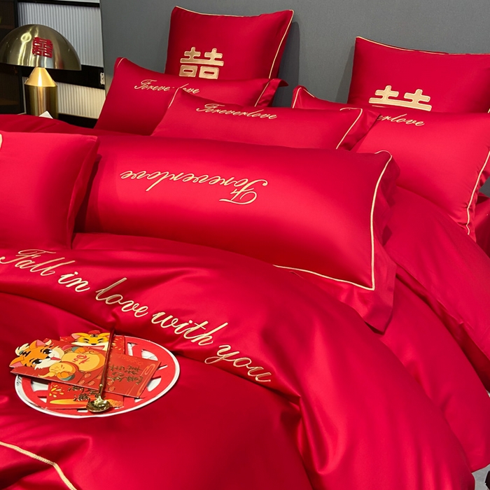 91家纺网 家纺一手货源 找家纺 花愿（原花纪） 2026新款水洗棉刺绣婚庆四件套系列 钟爱一生