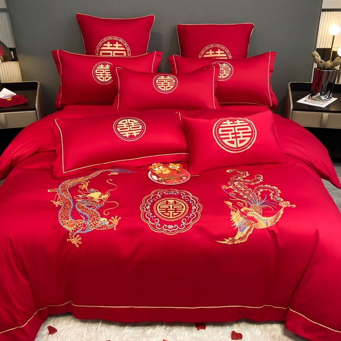 91家纺网 家纺一手货源 找家纺 花愿（原花纪） 2026新款水洗棉刺绣婚庆四件套系列 龙凤欢喜