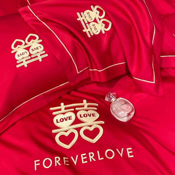 91家纺网 家纺一手货源 找家纺 花愿（原花纪） 2026新款水洗棉刺绣婚庆四件套系列 喜爱