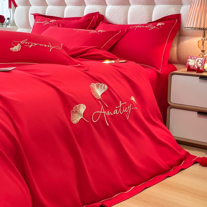 91家纺网 家纺一手货源 找家纺 花愿（原花纪） 2026新款水洗棉刺绣婚庆四件套系列 丹枫迎喜