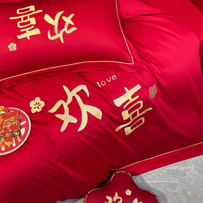 91家纺网 家纺一手货源 找家纺 花愿（原花纪） 2026新款水洗棉刺绣婚庆四件套系列 欢喜