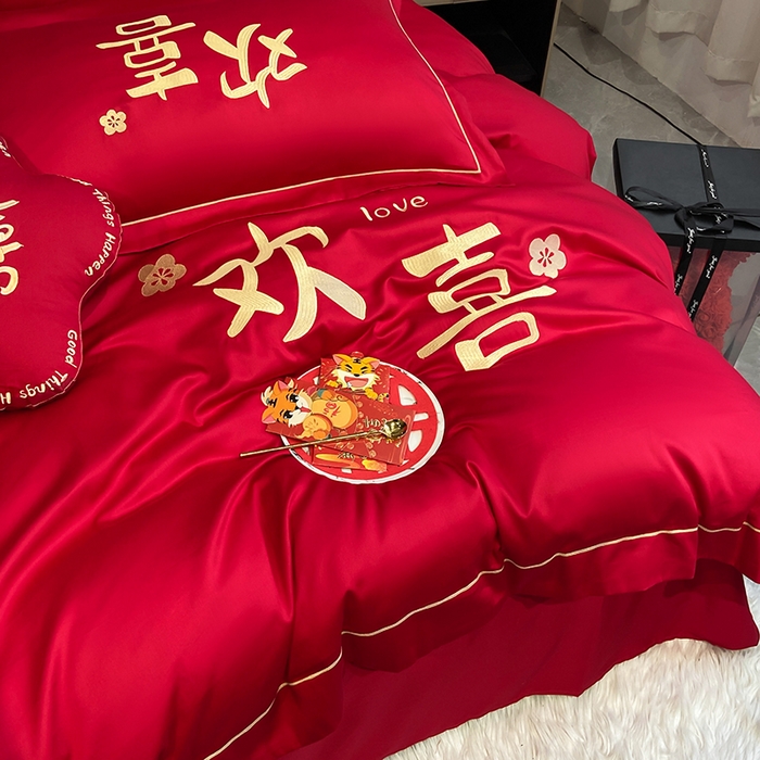 91家纺网 家纺一手货源 找家纺 花愿（原花纪） 2026新款水洗棉刺绣婚庆四件套系列 欢喜