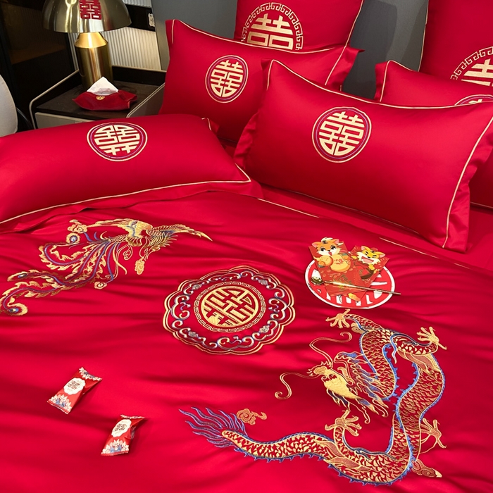 91家纺网 家纺一手货源 找家纺 花愿（原花纪） 2026新款水洗棉刺绣婚庆四件套系列 龙凤欢喜