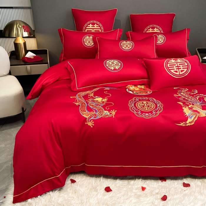 91家纺网 家纺一手货源 找家纺 花愿（原花纪） 2026新款水洗棉刺绣婚庆四件套系列 龙凤欢喜