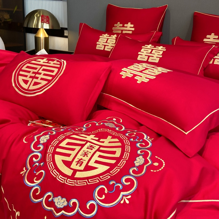 91家纺网 家纺一手货源 找家纺 花愿（原花纪） 2026新款水洗棉刺绣婚庆四件套系列 美满