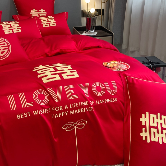 91家纺网 家纺一手货源 找家纺 花愿（原花纪） 2026新款水洗棉刺绣婚庆四件套系列 幸福