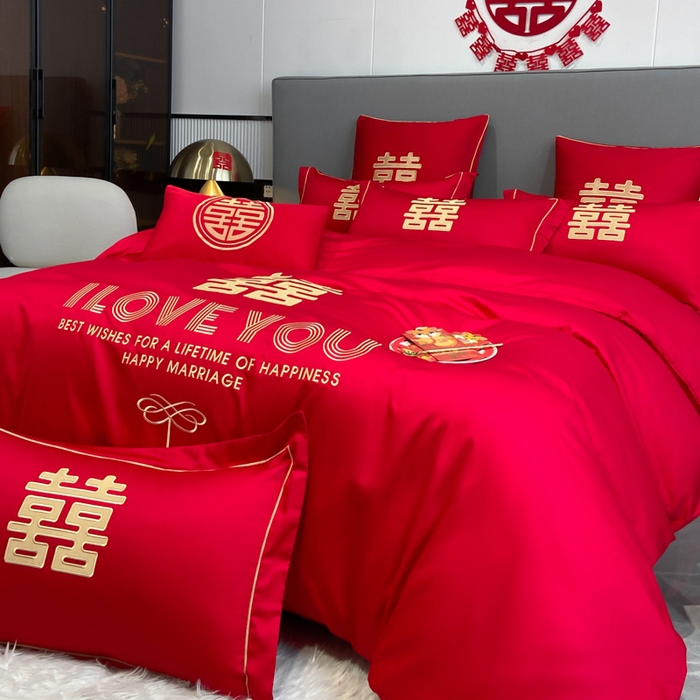 91家纺网 家纺一手货源 找家纺 花愿（原花纪） 2026新款水洗棉刺绣婚庆四件套系列 幸福