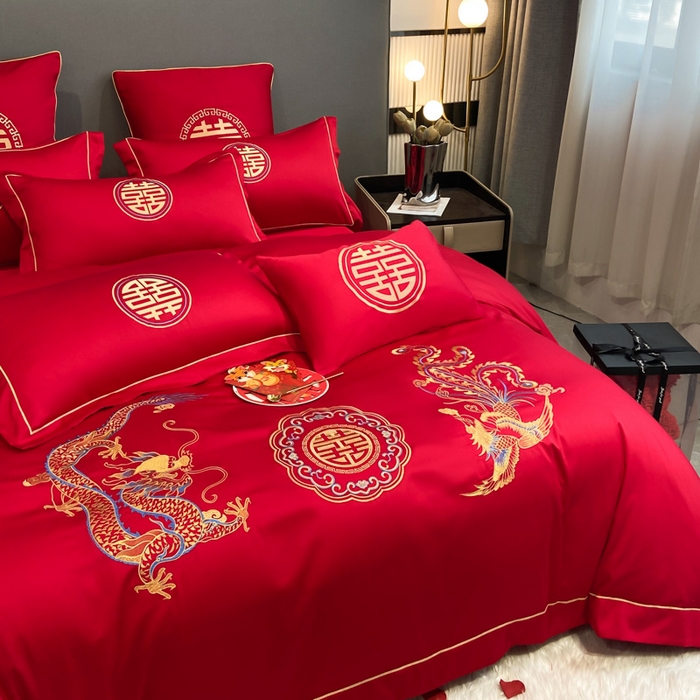 91家纺网 家纺一手货源 找家纺 花愿（原花纪） 2026新款水洗棉刺绣婚庆四件套系列 龙凤欢喜