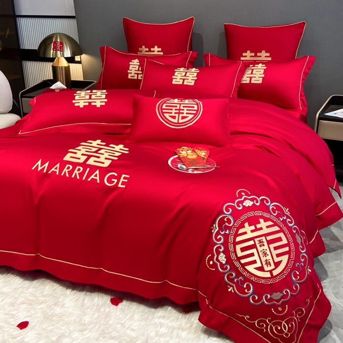 91家纺网 家纺一手货源 找家纺 花愿（原花纪） 2026新款水洗棉刺绣婚庆四件套系列 美满