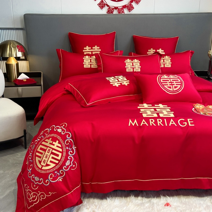 91家纺网 家纺一手货源 找家纺 花愿（原花纪） 2026新款水洗棉刺绣婚庆四件套系列 美满